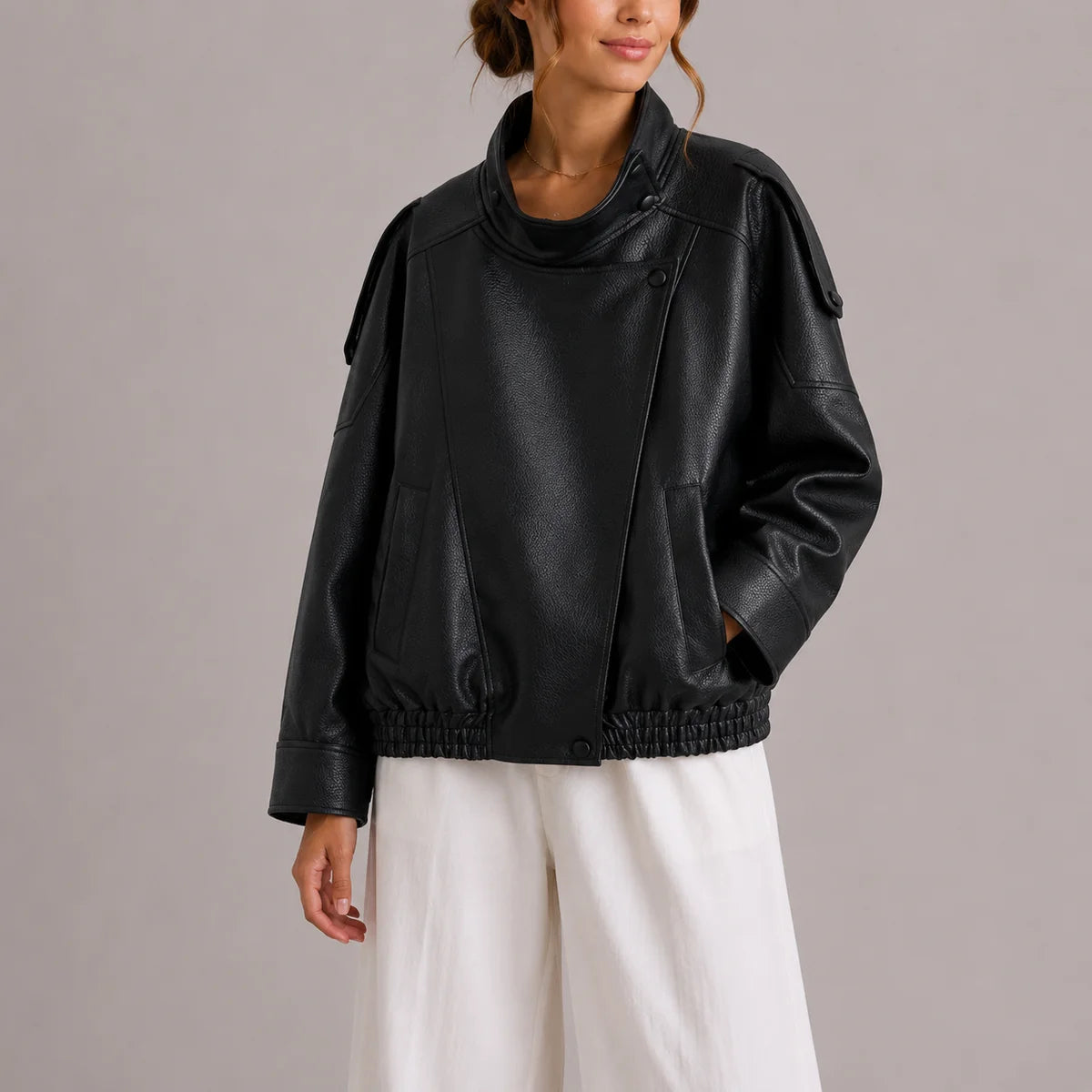 Seraphine – Women's High-Neck Faux Leather Bomber Jacket