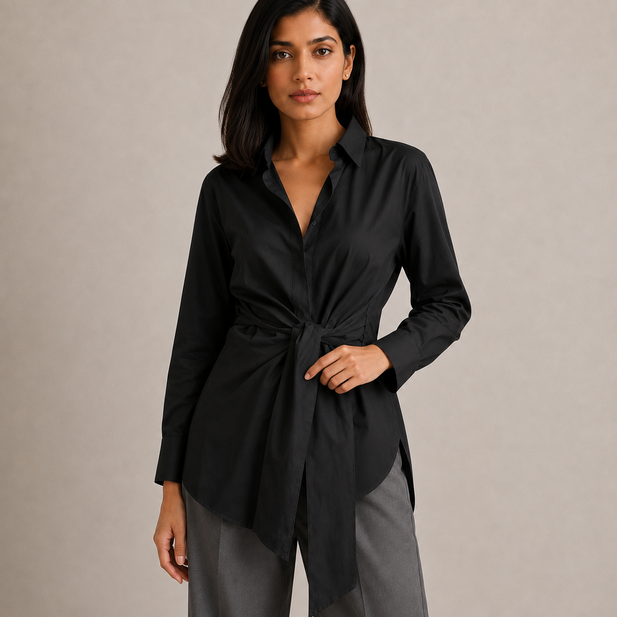 Solene | Tie-Front Oversized Blouse with Long Sleeves