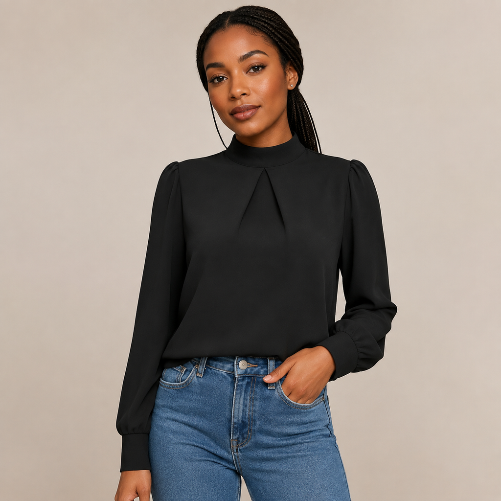 Colette | Black High-Collar Long Sleeve Top with Flowing Cut