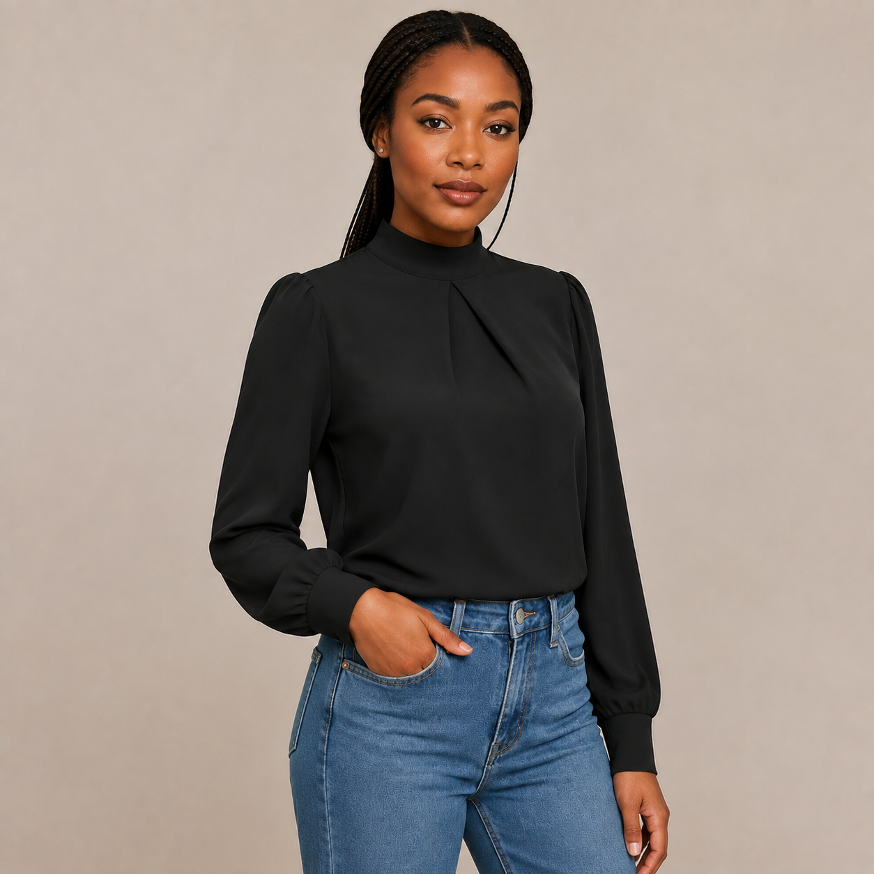 Colette | Black High-Collar Long Sleeve Top with Flowing Cut