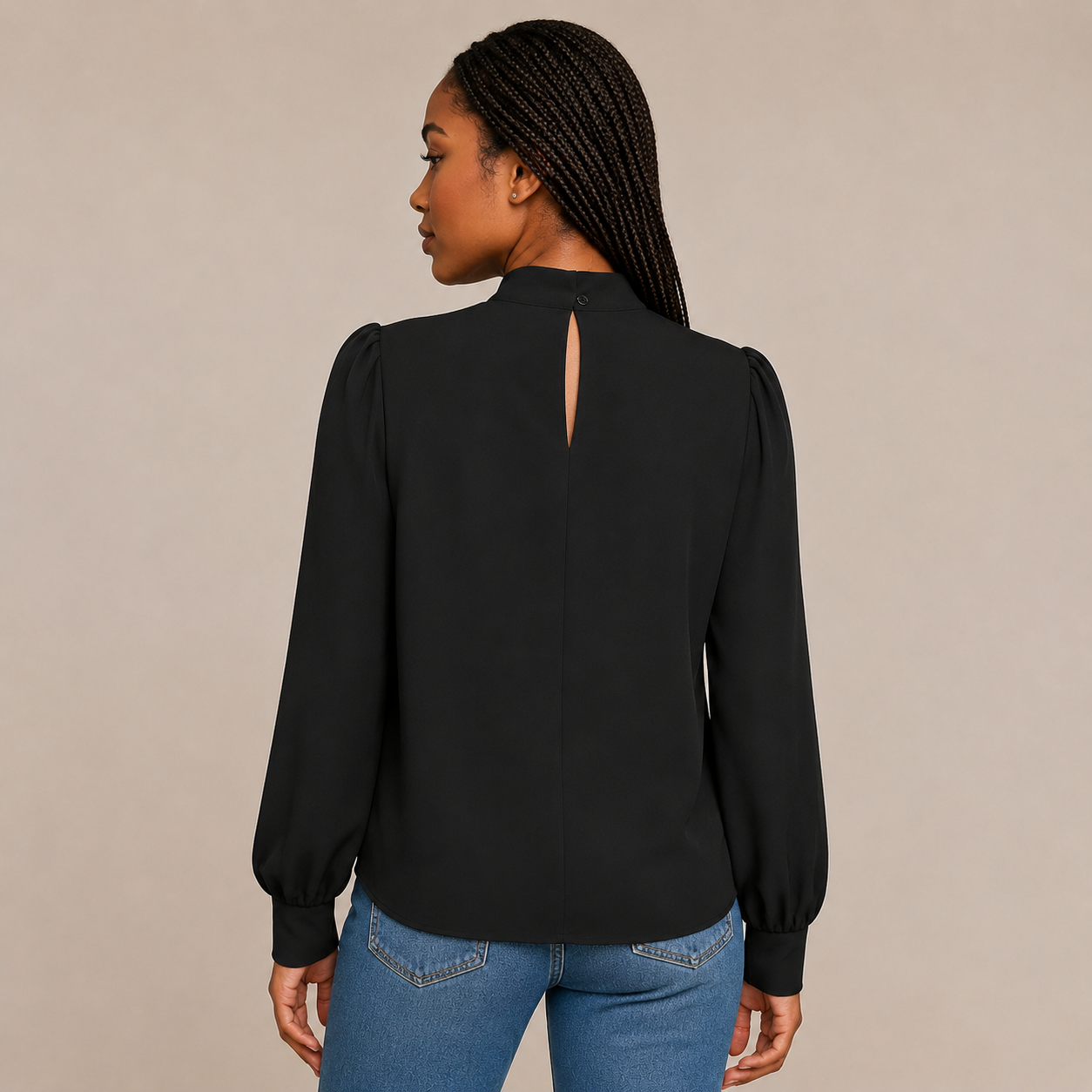 Colette | Black High-Collar Long Sleeve Top with Flowing Cut