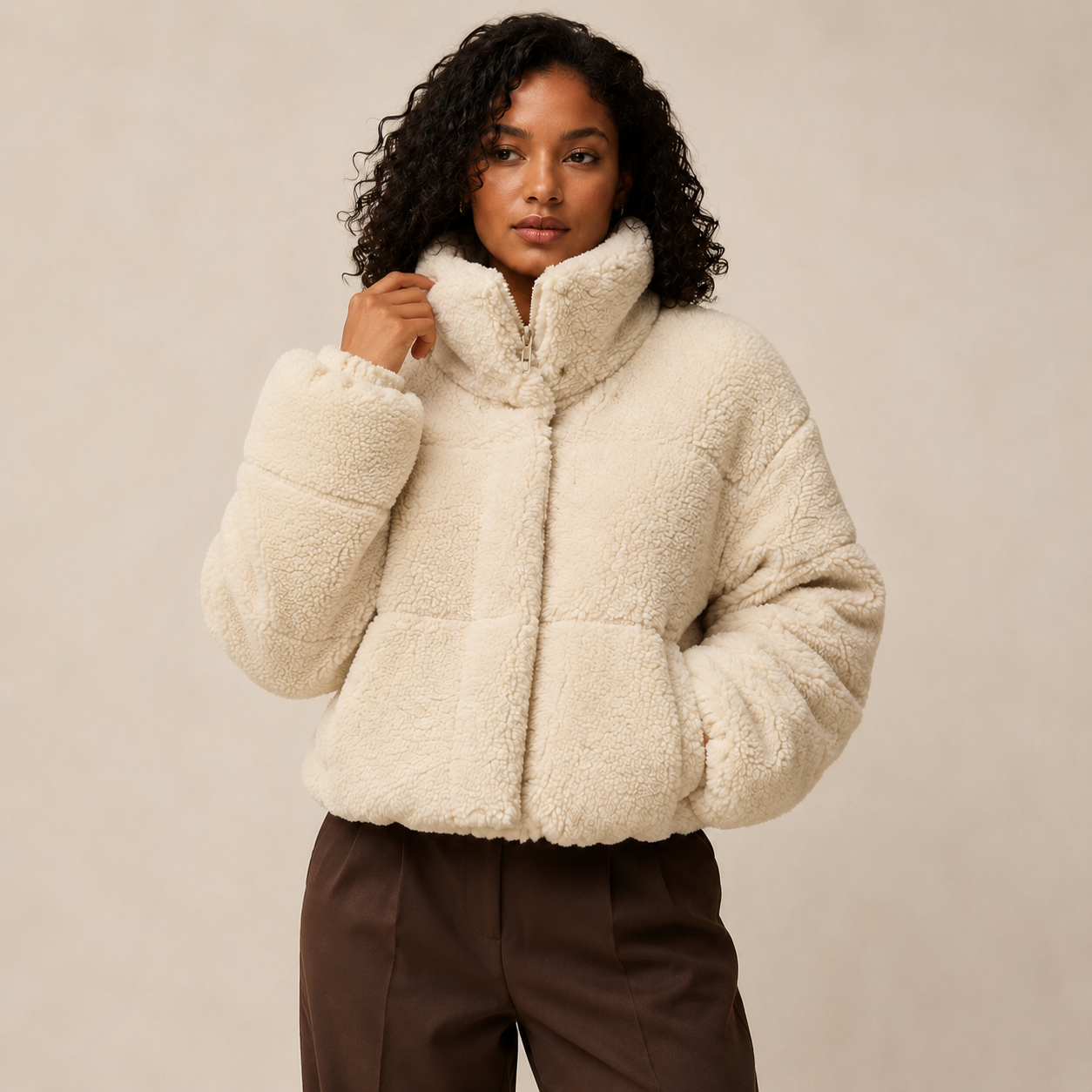 Marlowe | Light Brown Puffer Jacket with Stand-Up Collar