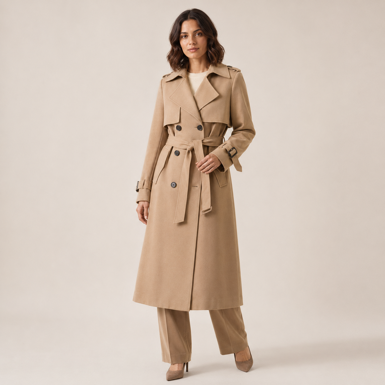 Genevieve | Women's Belted Trench Coat with Button Closure