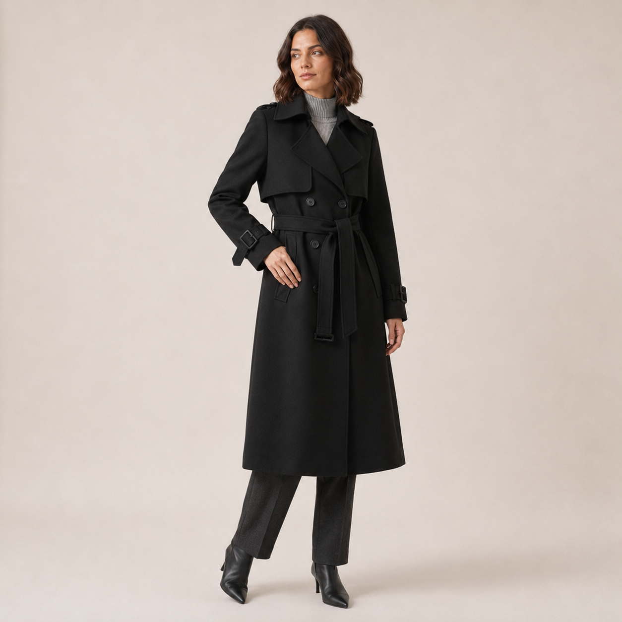Genevieve | Women's Belted Trench Coat with Button Closure