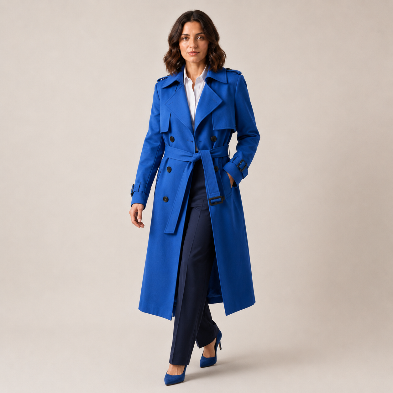 Genevieve | Women's Belted Trench Coat with Button Closure