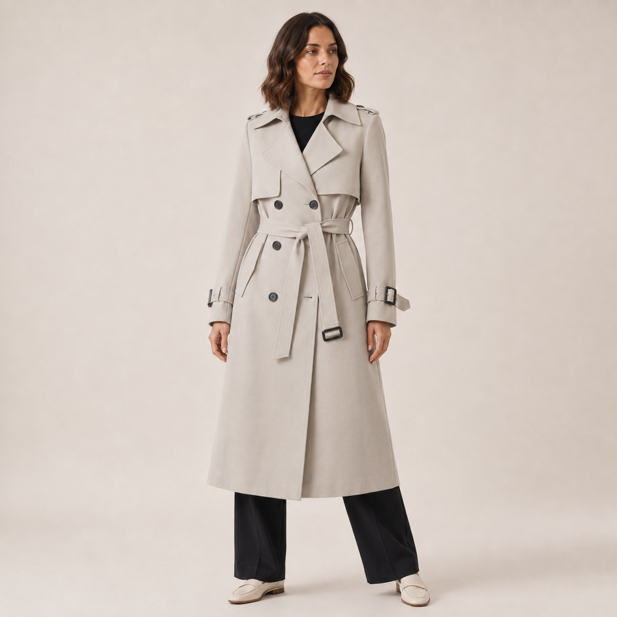 Genevieve | Women's Belted Trench Coat with Button Closure