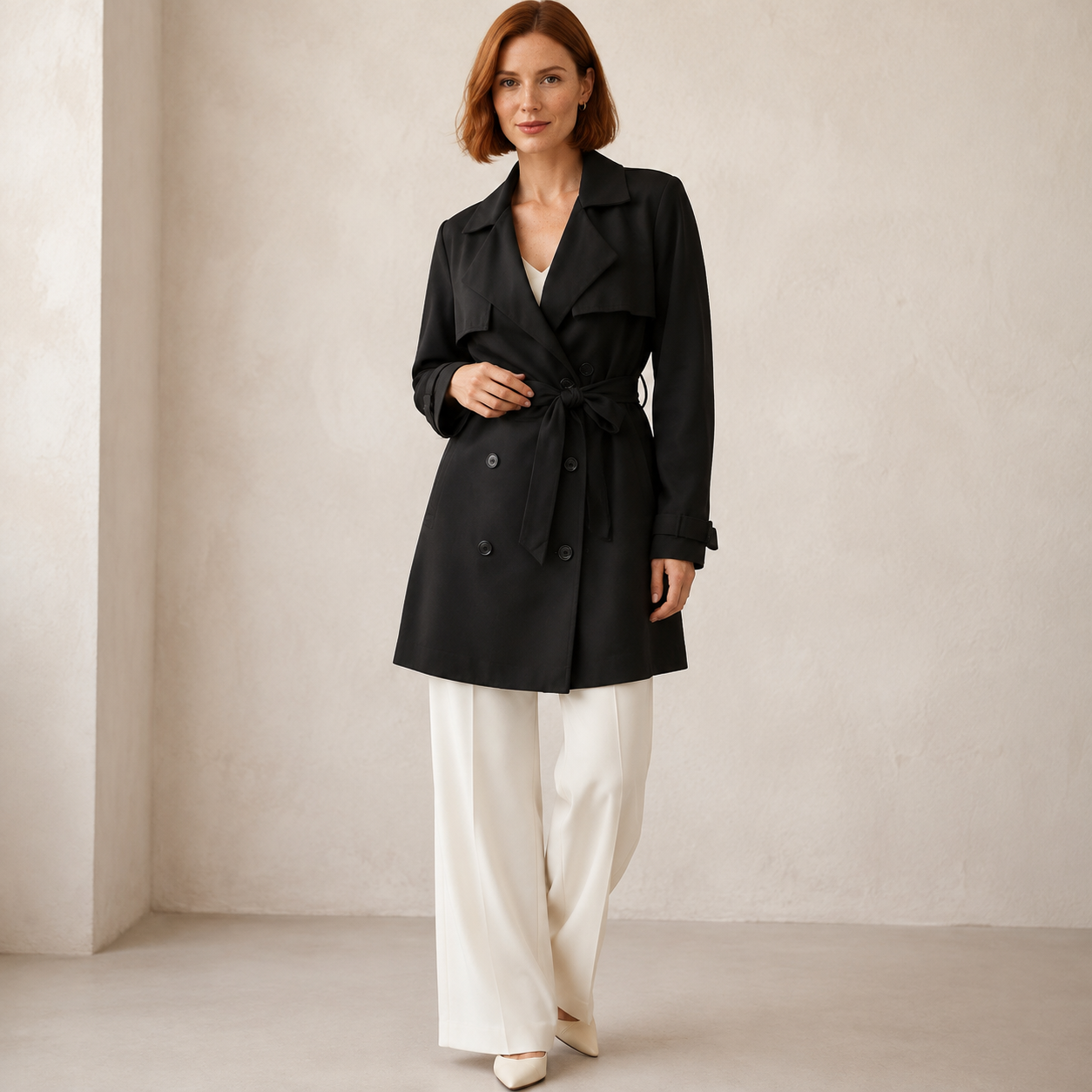 Vesper | Black Two-Way Trench Coat with Bow Belt