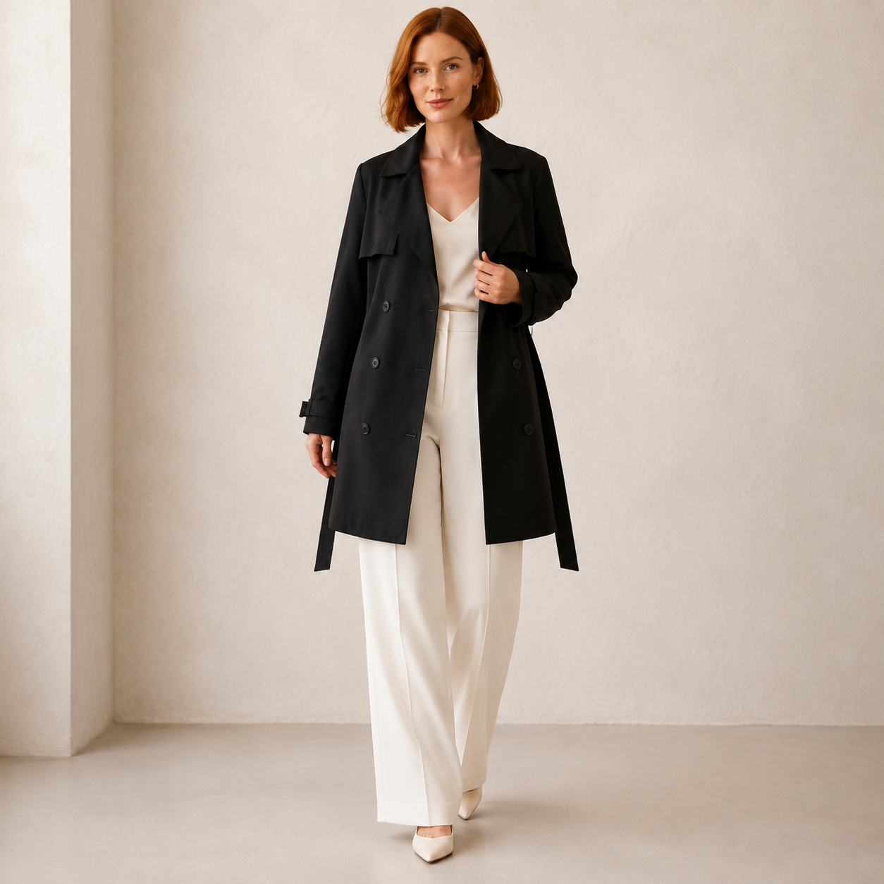 Vesper | Black Two-Way Trench Coat with Bow Belt