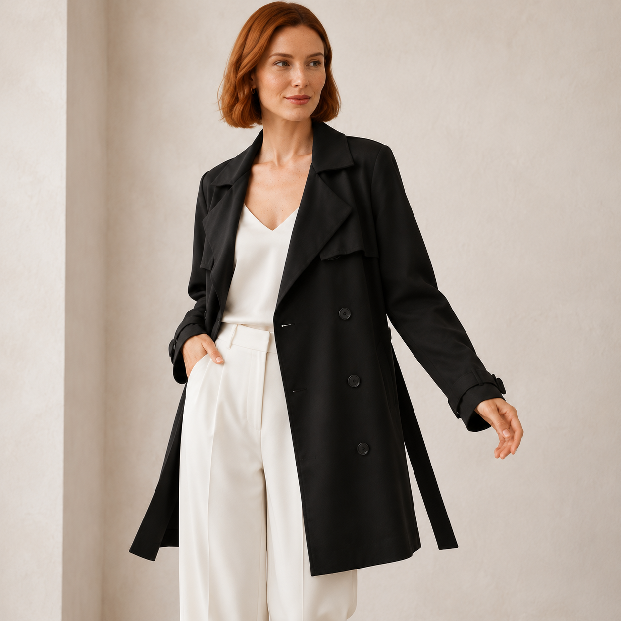 Vesper | Black Two-Way Trench Coat with Bow Belt