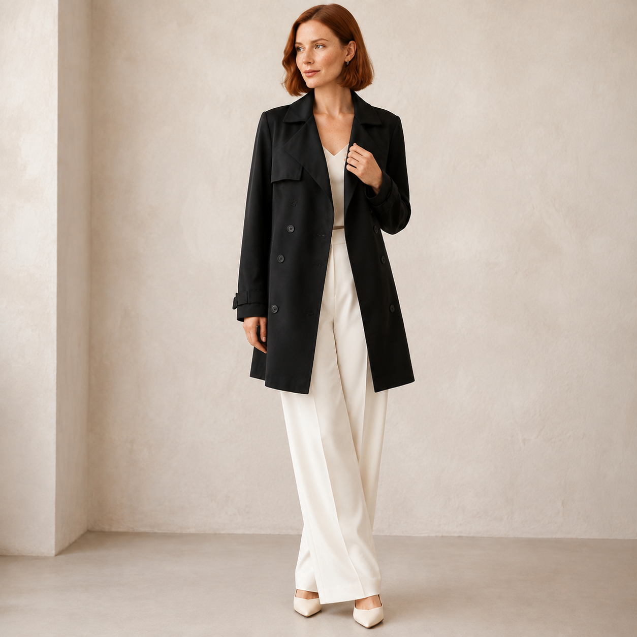 Vesper | Black Two-Way Trench Coat with Bow Belt