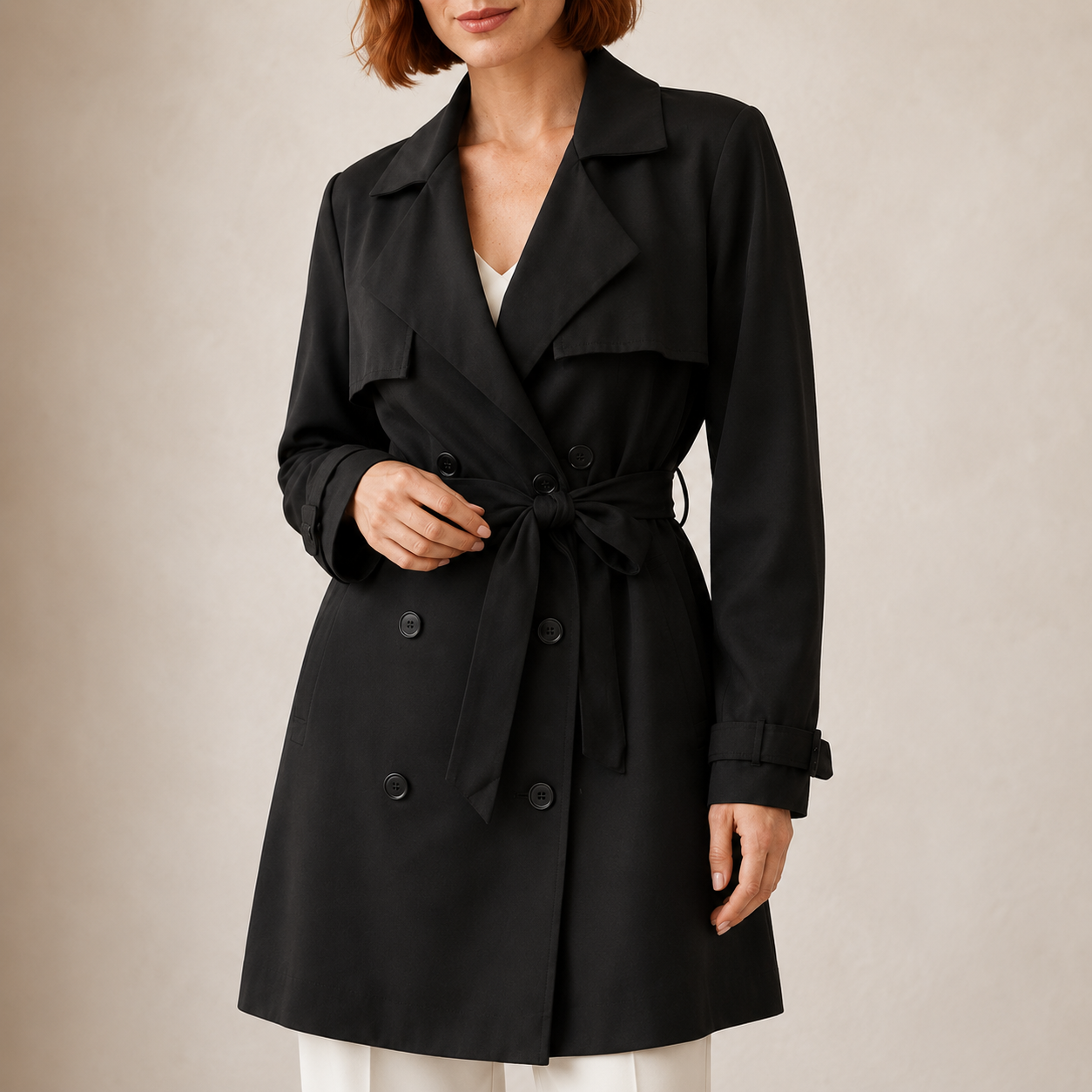 Vesper | Black Two-Way Trench Coat with Bow Belt