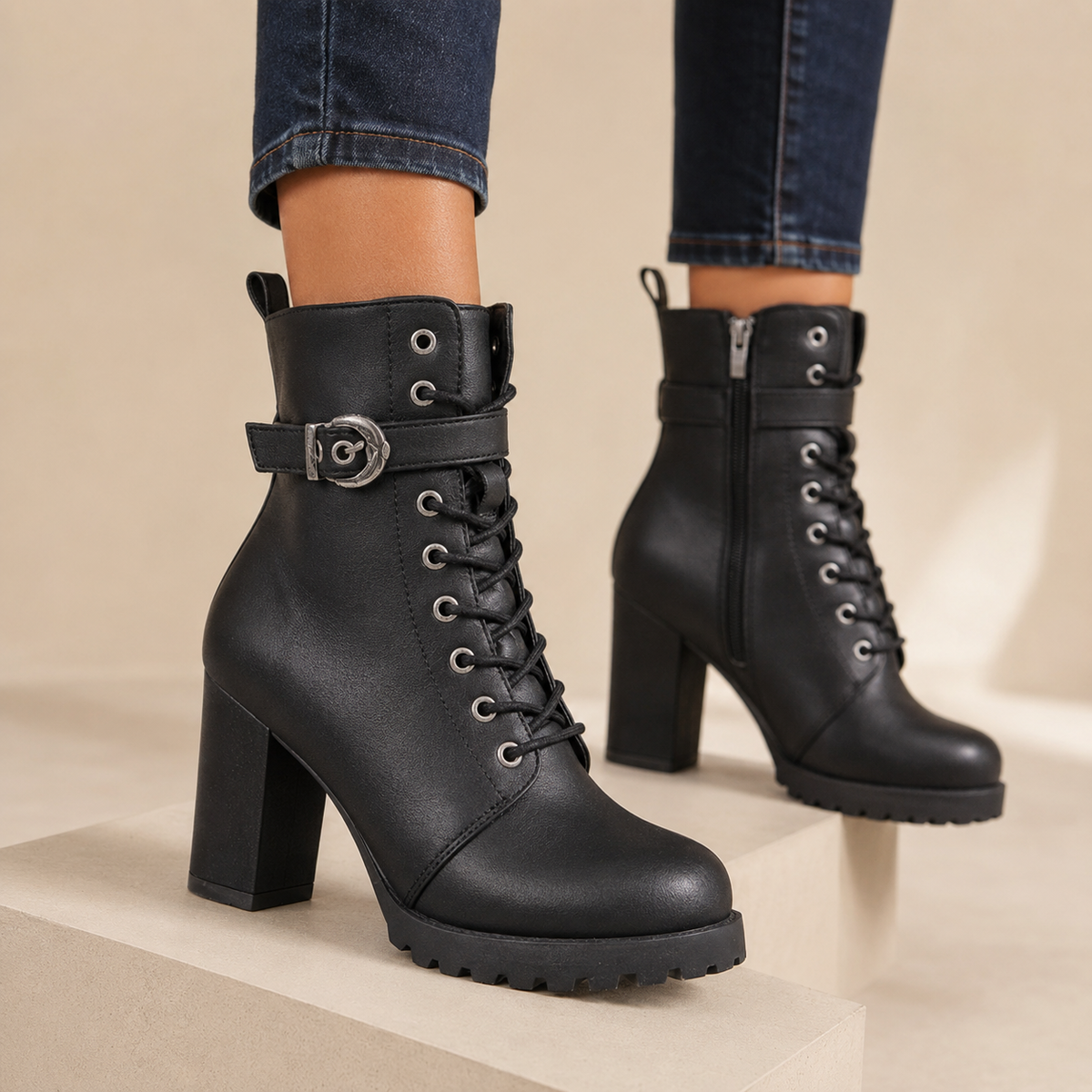 Margaux | Lace-Up Buckle Strap Ankle Boots