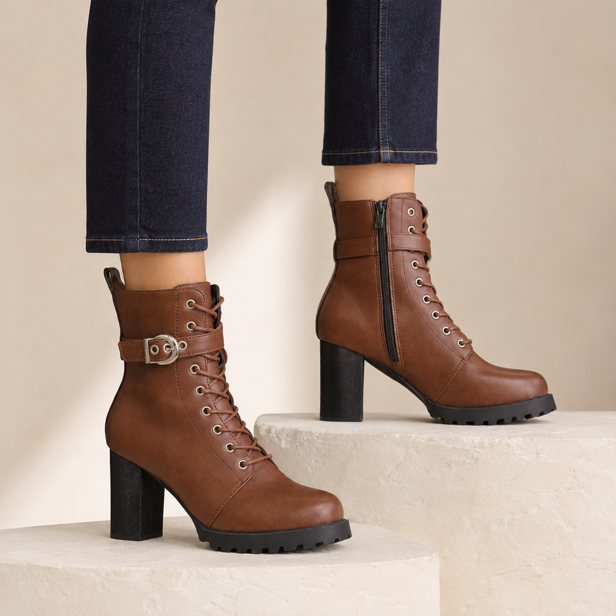 Margaux | Lace-Up Buckle Strap Ankle Boots