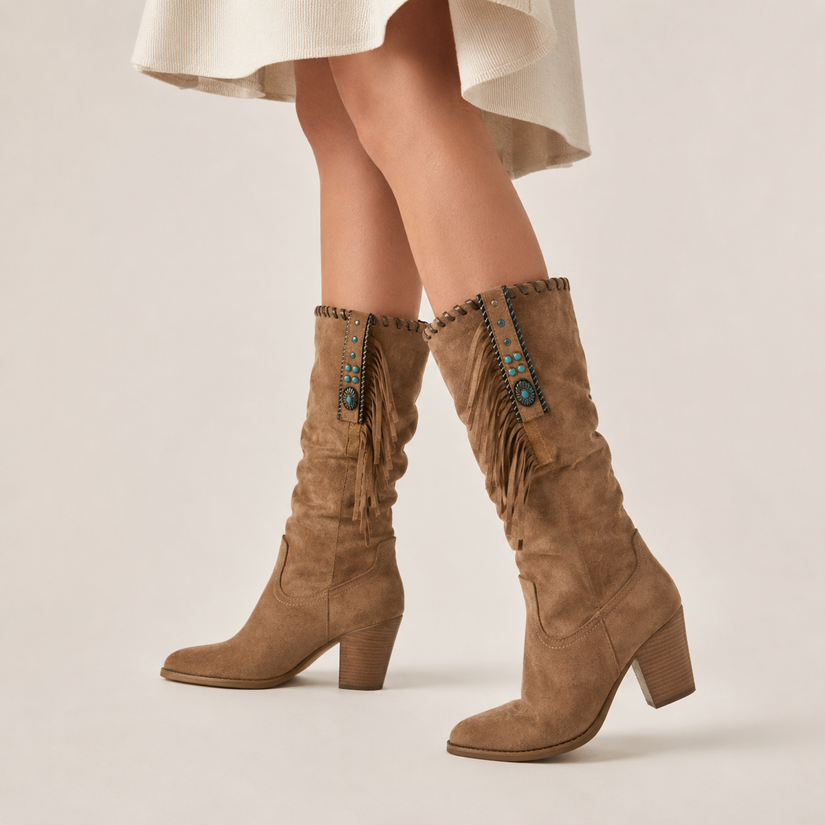 Wilhelmina | Western Fringe Faux Suede Knee High Boots with Block Heel
