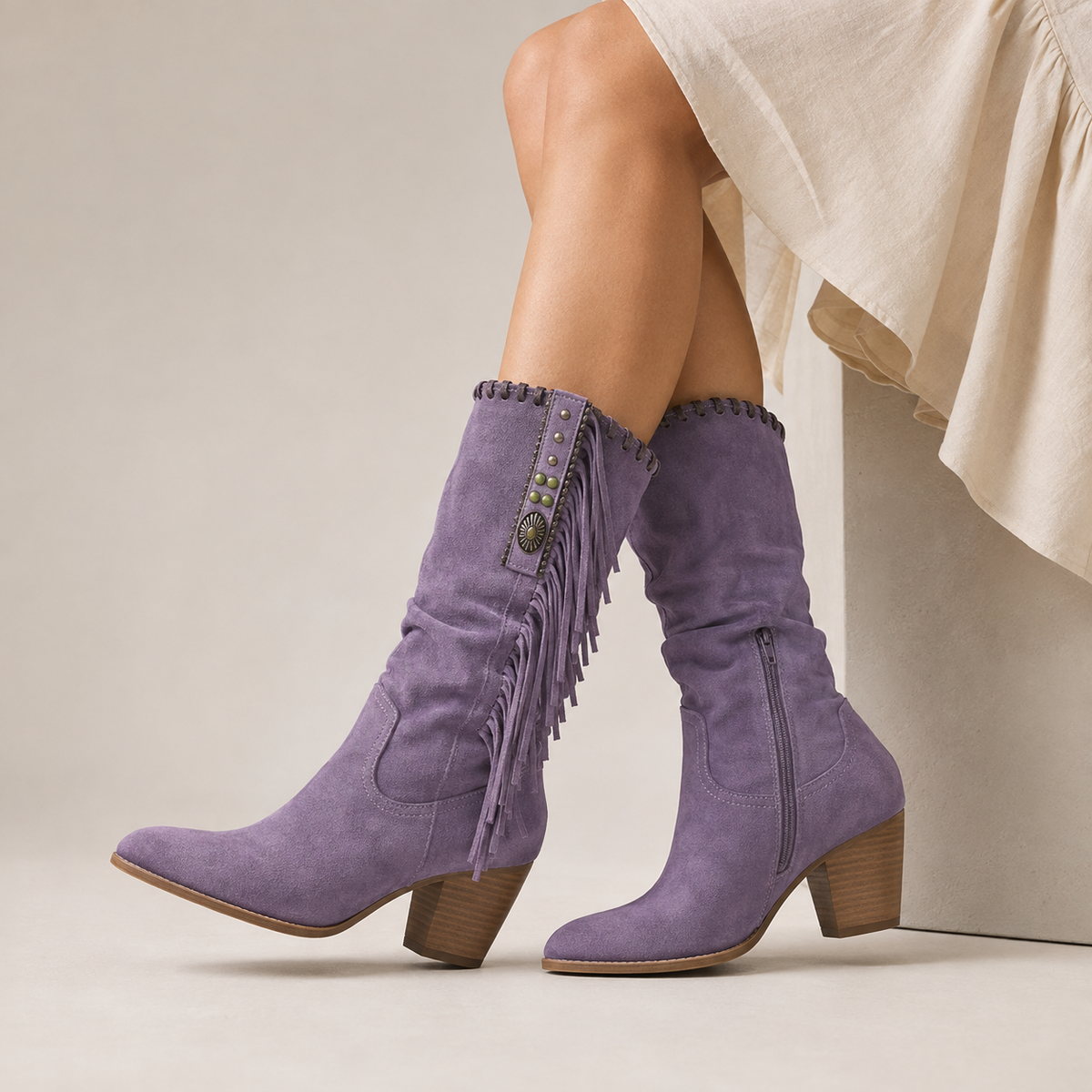 Wilhelmina | Western Fringe Faux Suede Knee High Boots with Block Heel