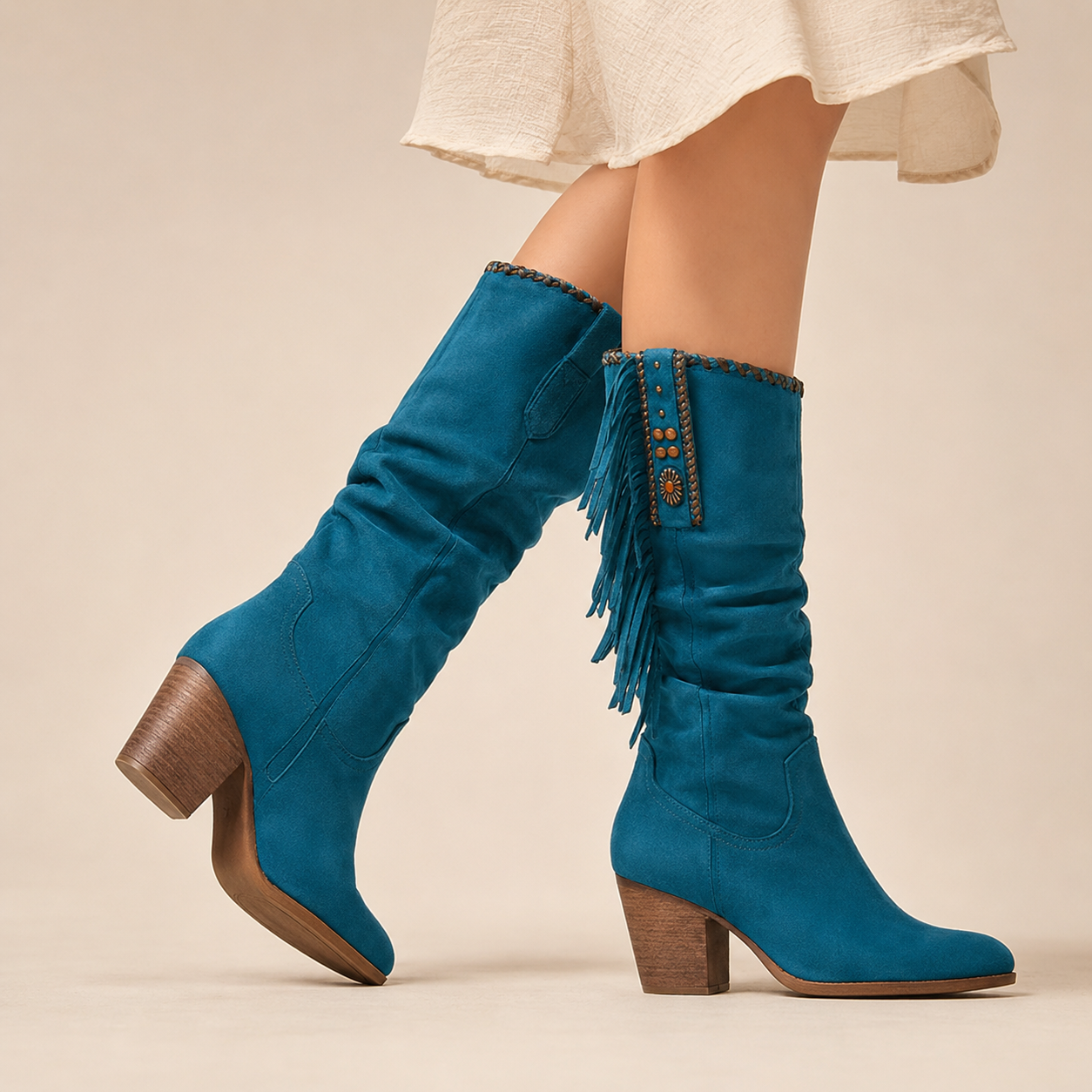 Wilhelmina | Western Fringe Faux Suede Knee High Boots with Block Heel