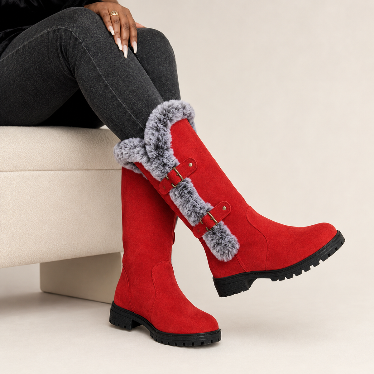 Genevieve | Faux Suede Plush-Lined Knee High Boots with Buckle Detail