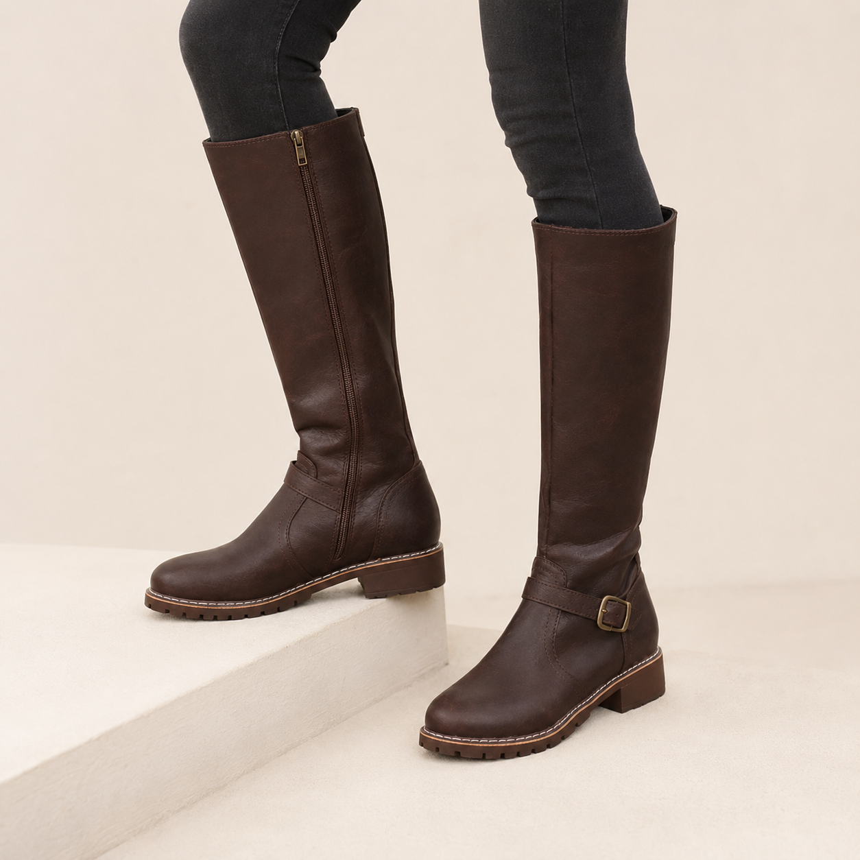 Beatrice | Buckle-Strap Knee High Boots with Low Block Heel