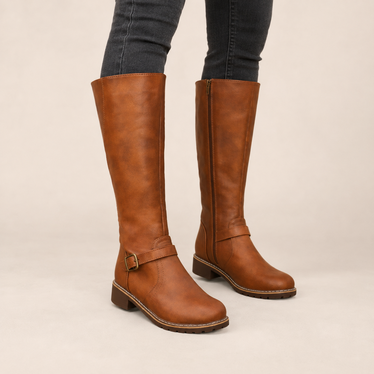 Beatrice | Buckle-Strap Knee High Boots with Low Block Heel