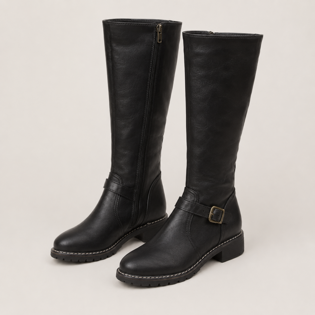 Beatrice | Buckle-Strap Knee High Boots with Low Block Heel