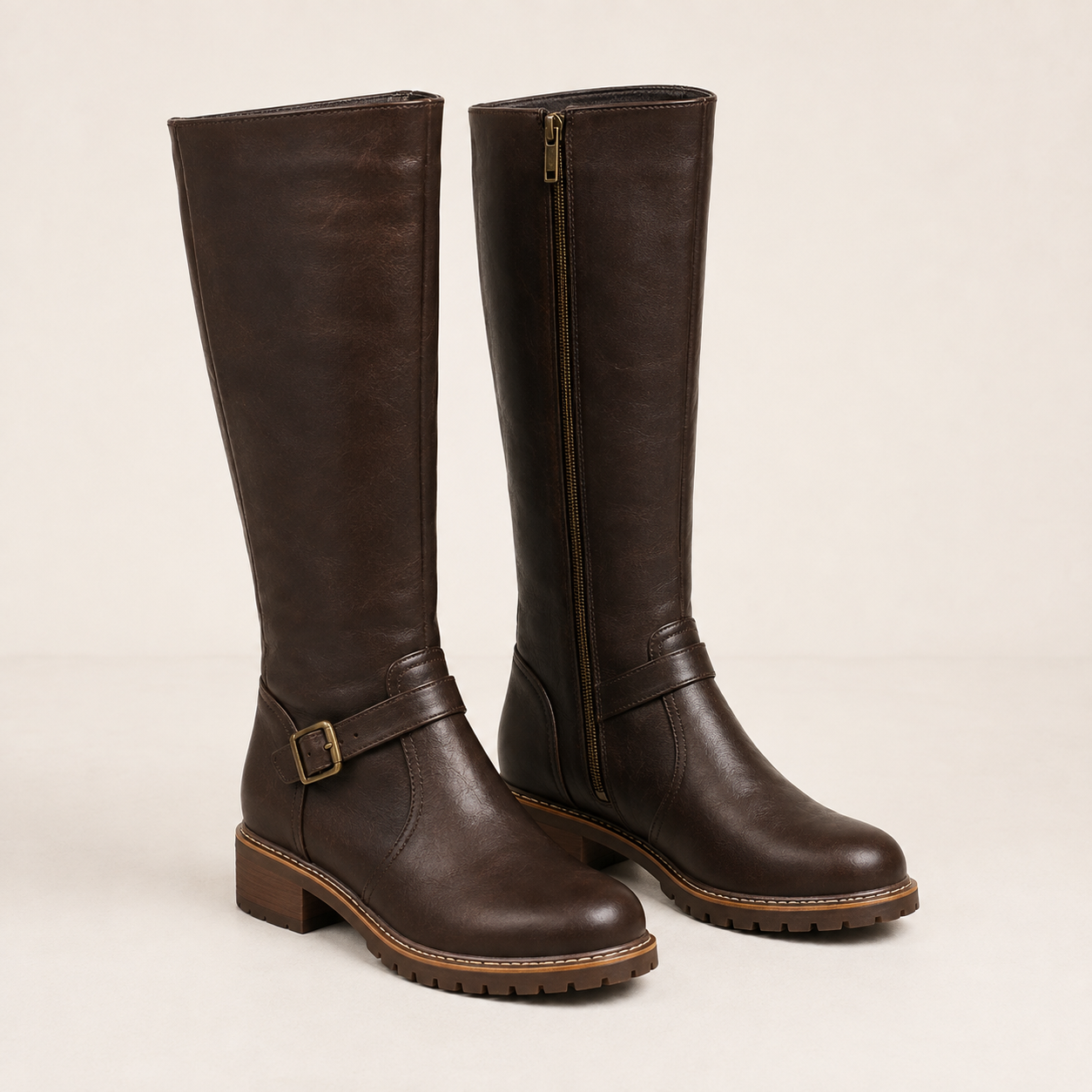 Beatrice | Buckle-Strap Knee High Boots with Low Block Heel