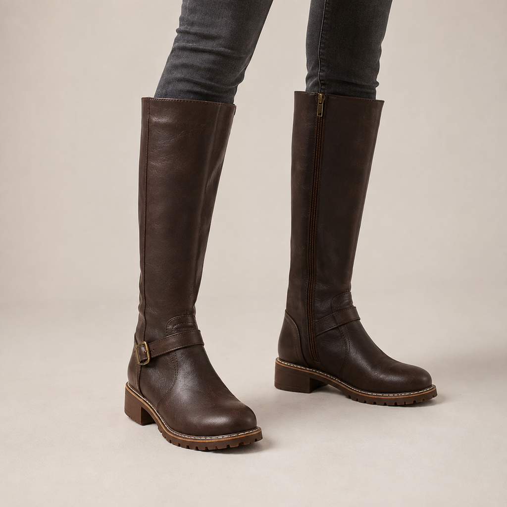 Beatrice | Buckle-Strap Knee High Boots with Low Block Heel
