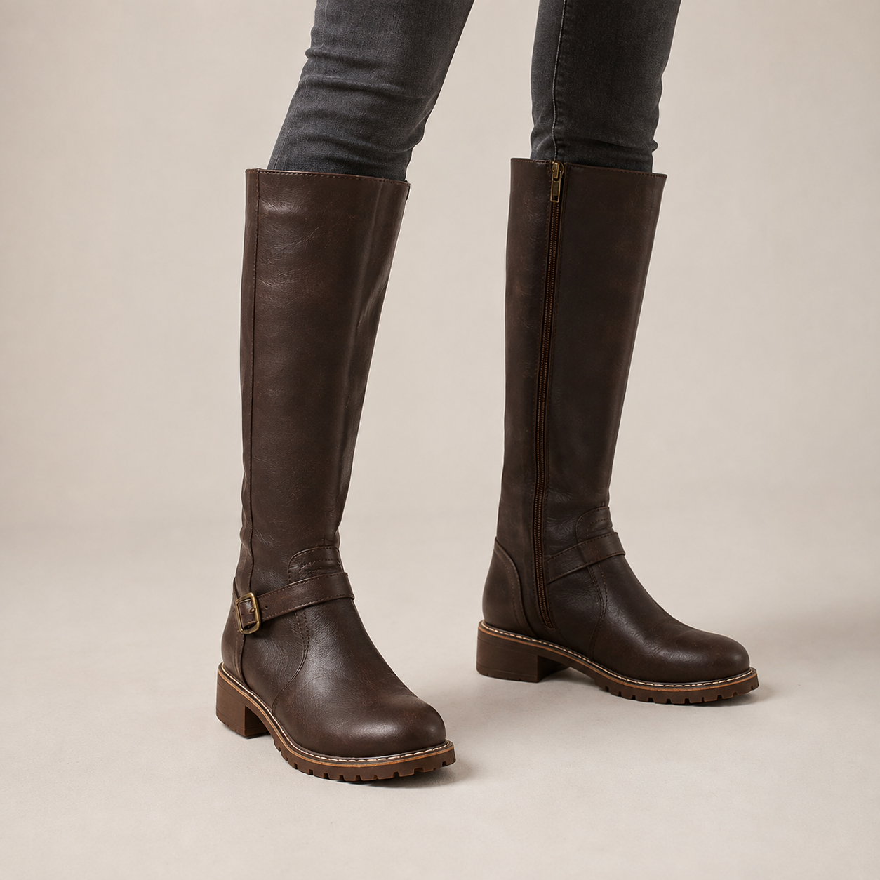 Beatrice | Buckle-Strap Knee High Boots with Low Block Heel