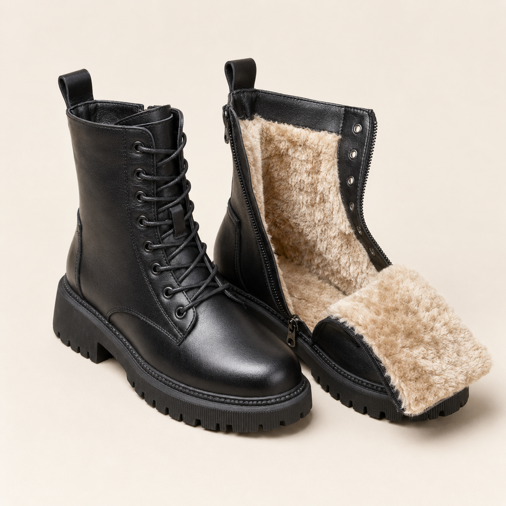 Matilda | Women's Black Fur-Lined Lace-Up Faux Leather Ankle Boots – Chunky Sole