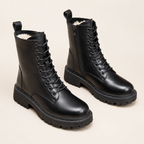 Matilda | Women's Black Fur-Lined Lace-Up Faux Leather Ankle Boots – Chunky Sole