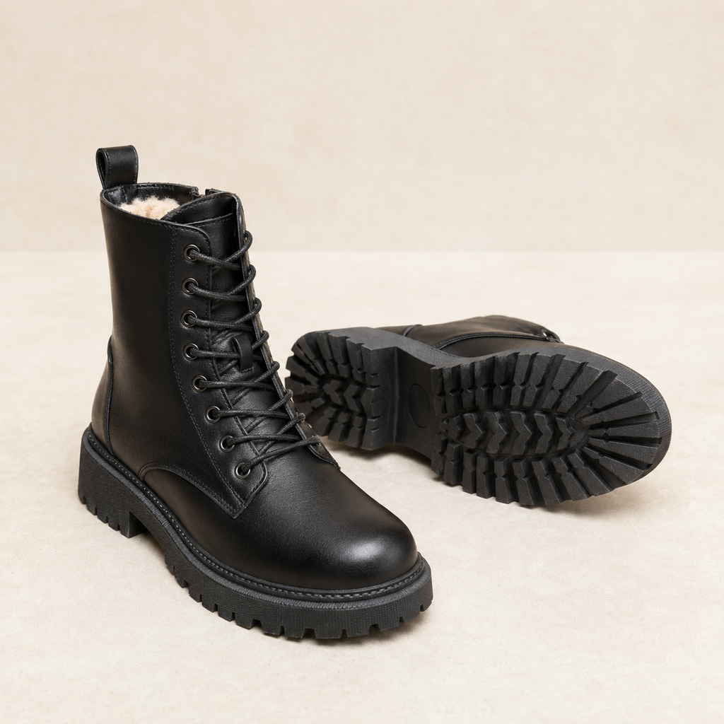 Matilda | Women's Black Fur-Lined Lace-Up Faux Leather Ankle Boots – Chunky Sole