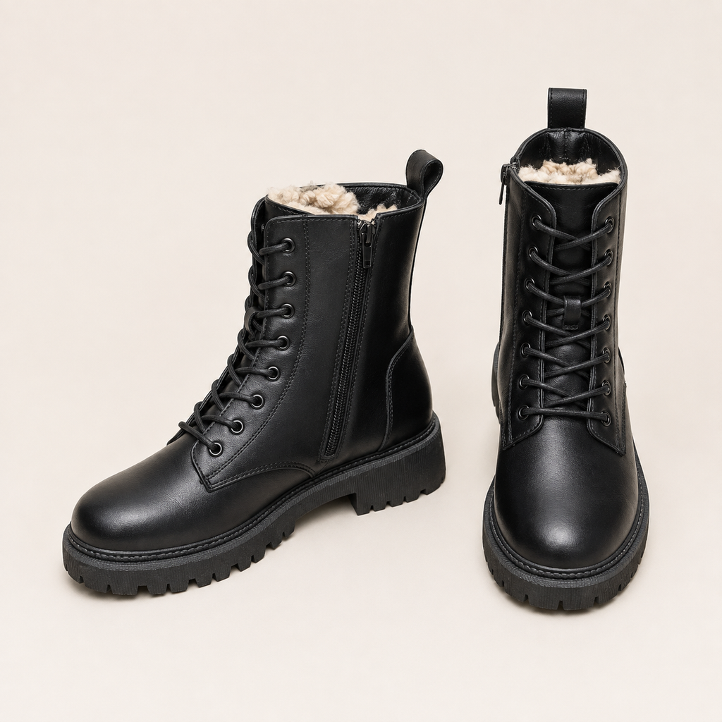 Matilda | Women's Black Fur-Lined Lace-Up Faux Leather Ankle Boots – Chunky Sole