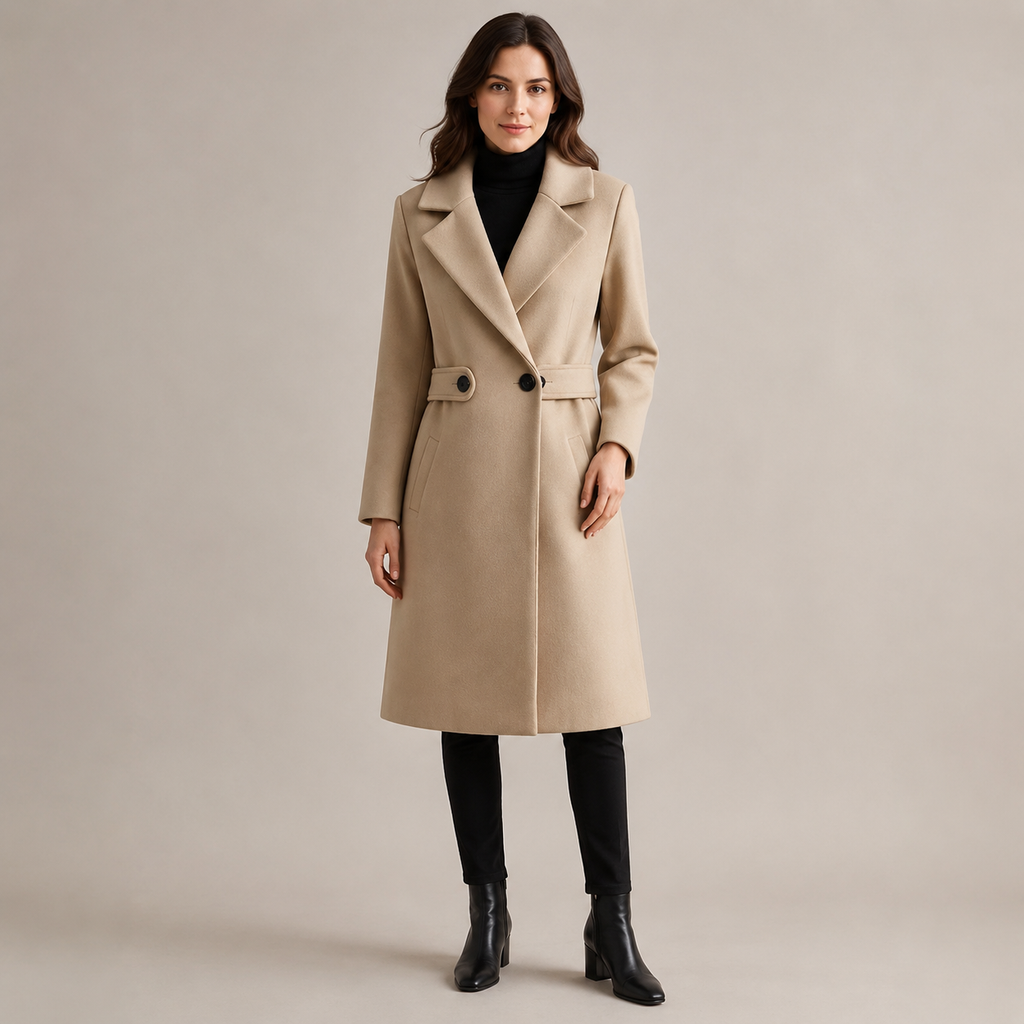 Odette | Sophisticated Longline Coat for Women with Belted Notch Lapel