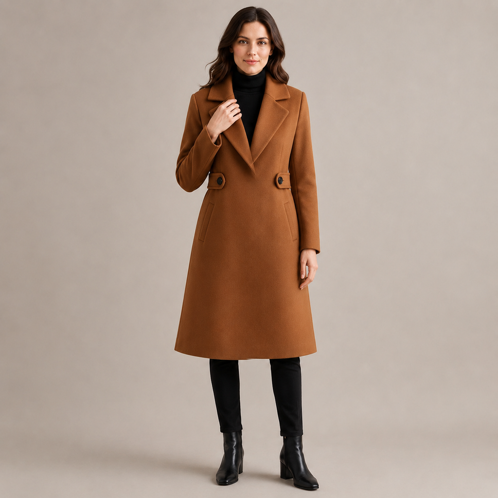 Odette | Sophisticated Longline Coat for Women with Belted Notch Lapel