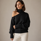 Amandine | Sophisticated Black Turtleneck Sweater for Women with Asymmetric Bare Shoulder Detail