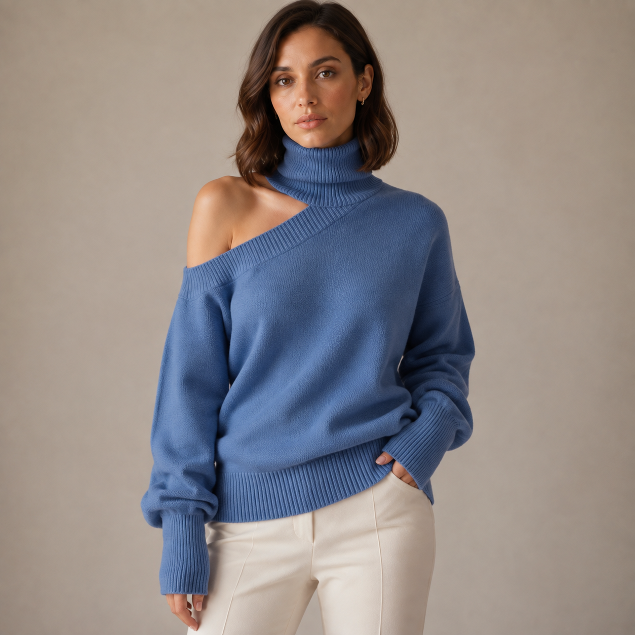 Amandine | Sophisticated Black Turtleneck Sweater for Women with Asymmetric Bare Shoulder Detail