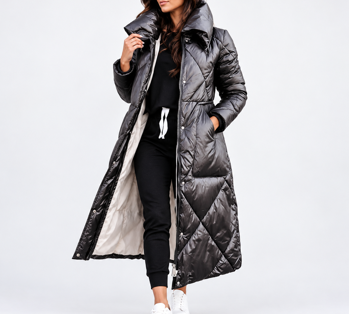 Serena | Women's Long Diamond-Quilted Puffer Jacket with High Collar & Relaxed Winter Fit