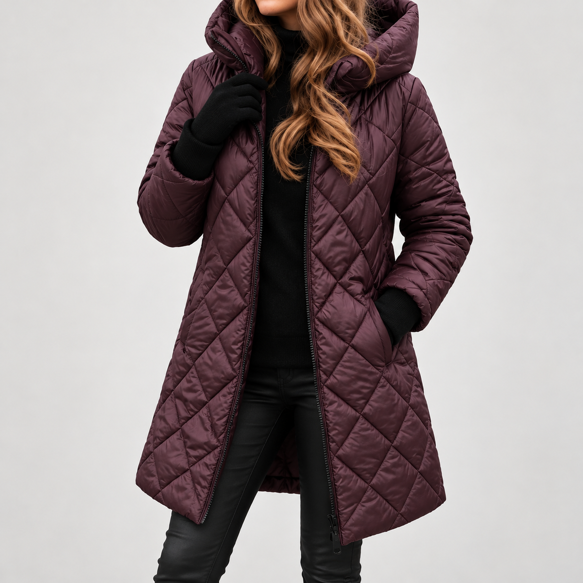 Rosalie | Women's Hooded Long Diamond-Quilted Puffer Coat with Relaxed Fit & Winter Padding