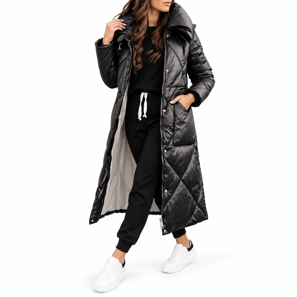 Serena | Women's Long Diamond-Quilted Puffer Jacket with High Collar & Relaxed Winter Fit