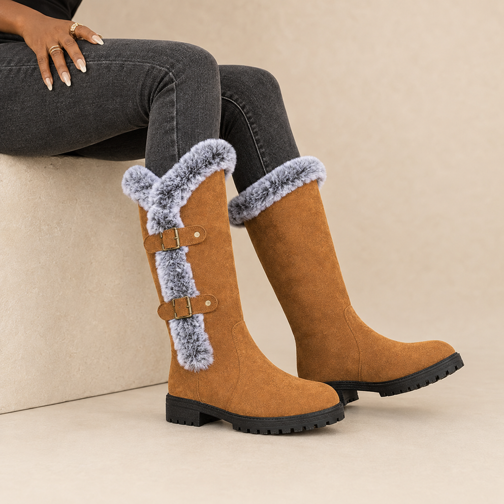 Genevieve | Faux Suede Plush-Lined Knee High Boots with Buckle Detail