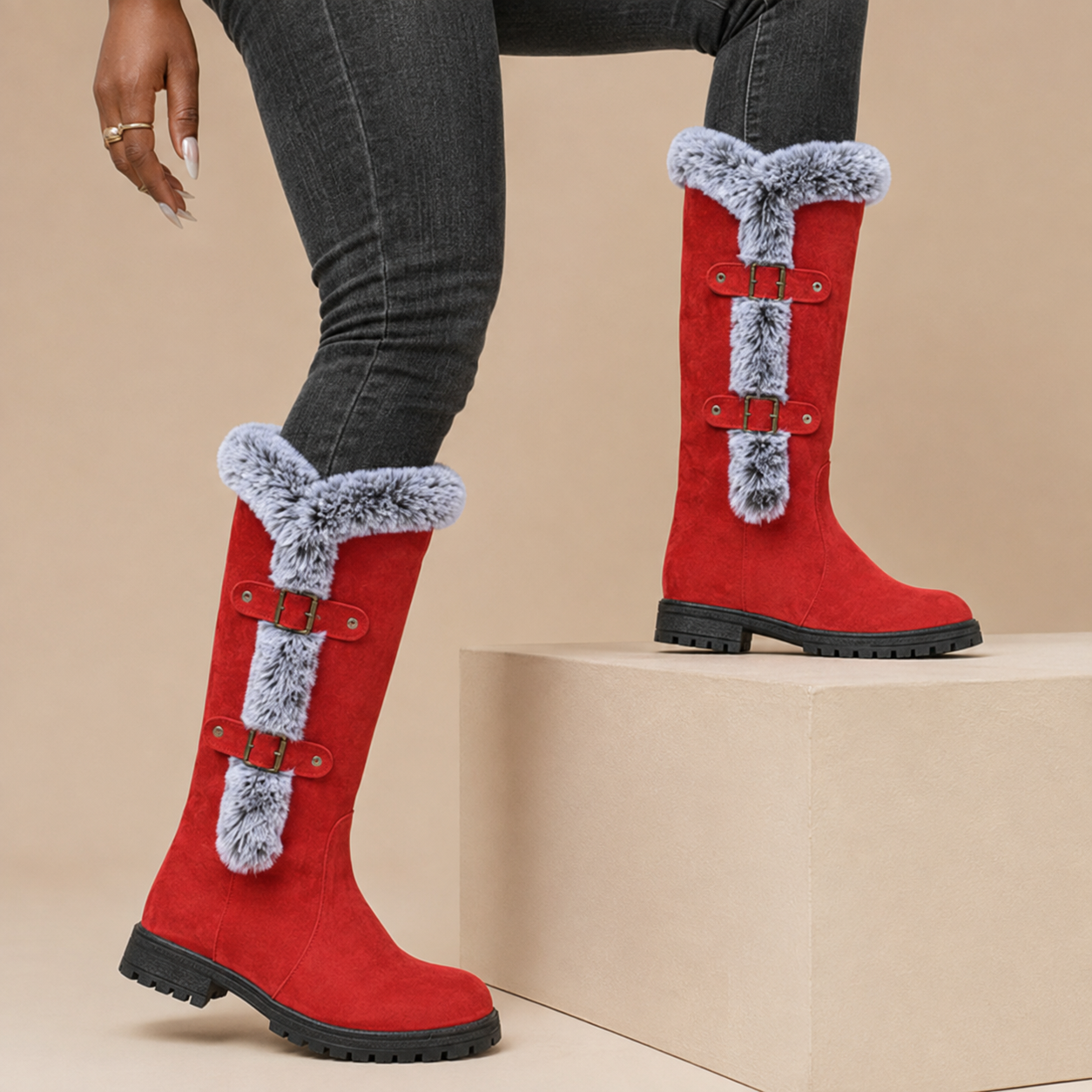 Genevieve | Faux Suede Plush-Lined Knee High Boots with Buckle Detail