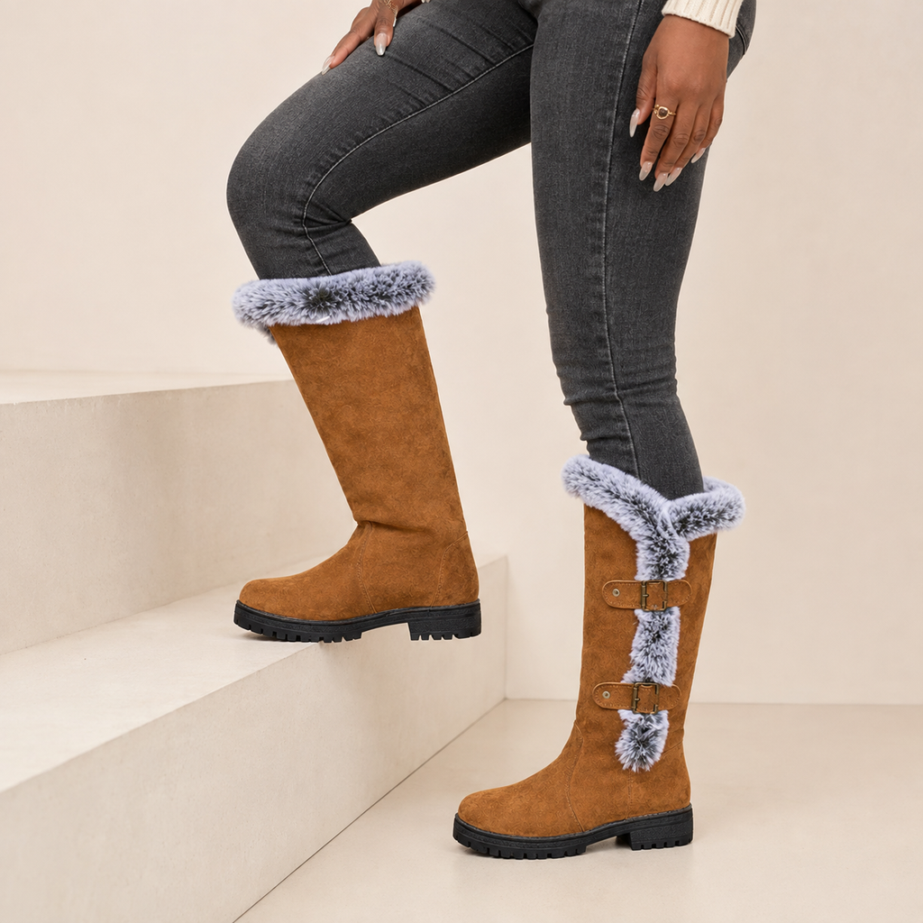 Genevieve | Faux Suede Plush-Lined Knee High Boots with Buckle Detail