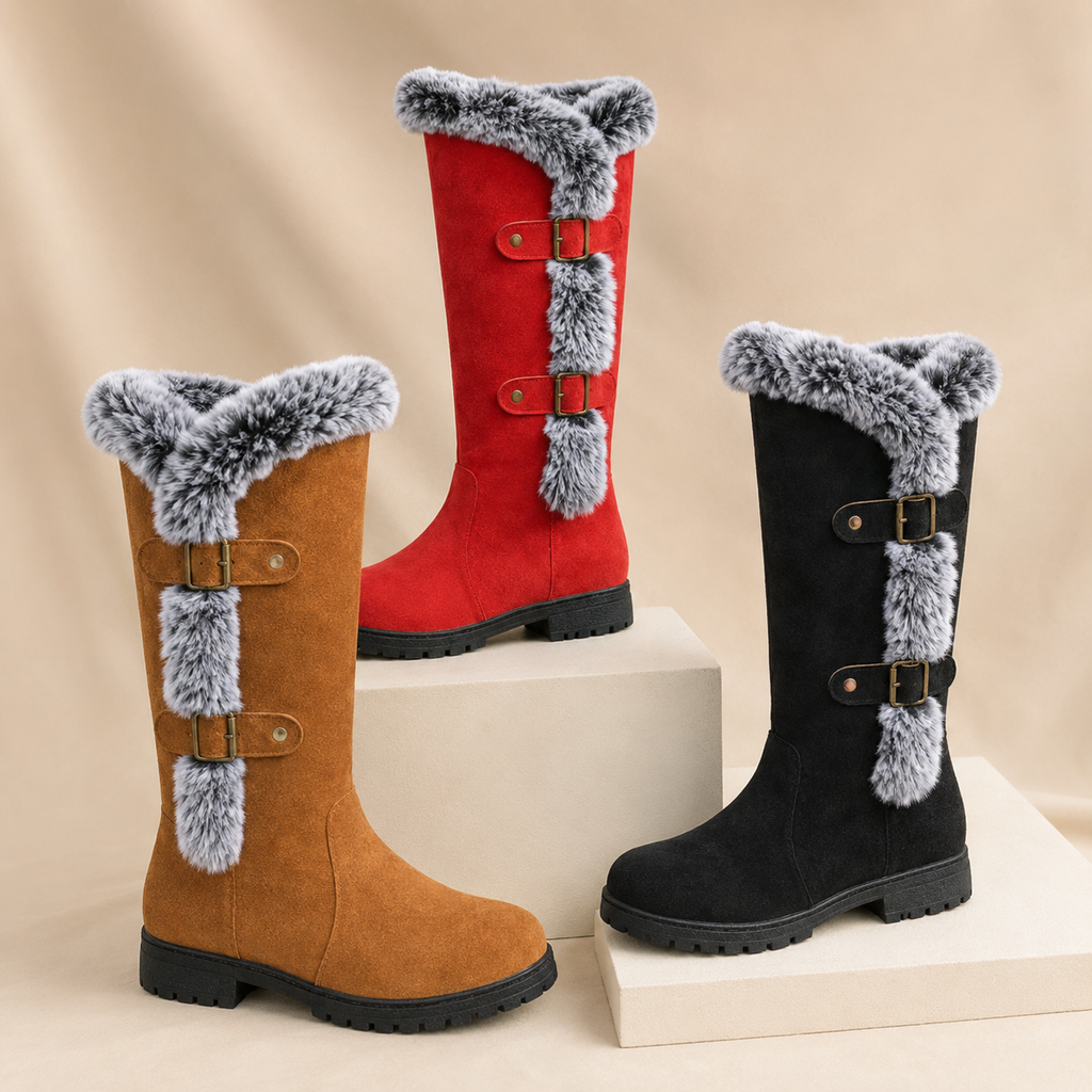 Genevieve | Faux Suede Plush-Lined Knee High Boots with Buckle Detail