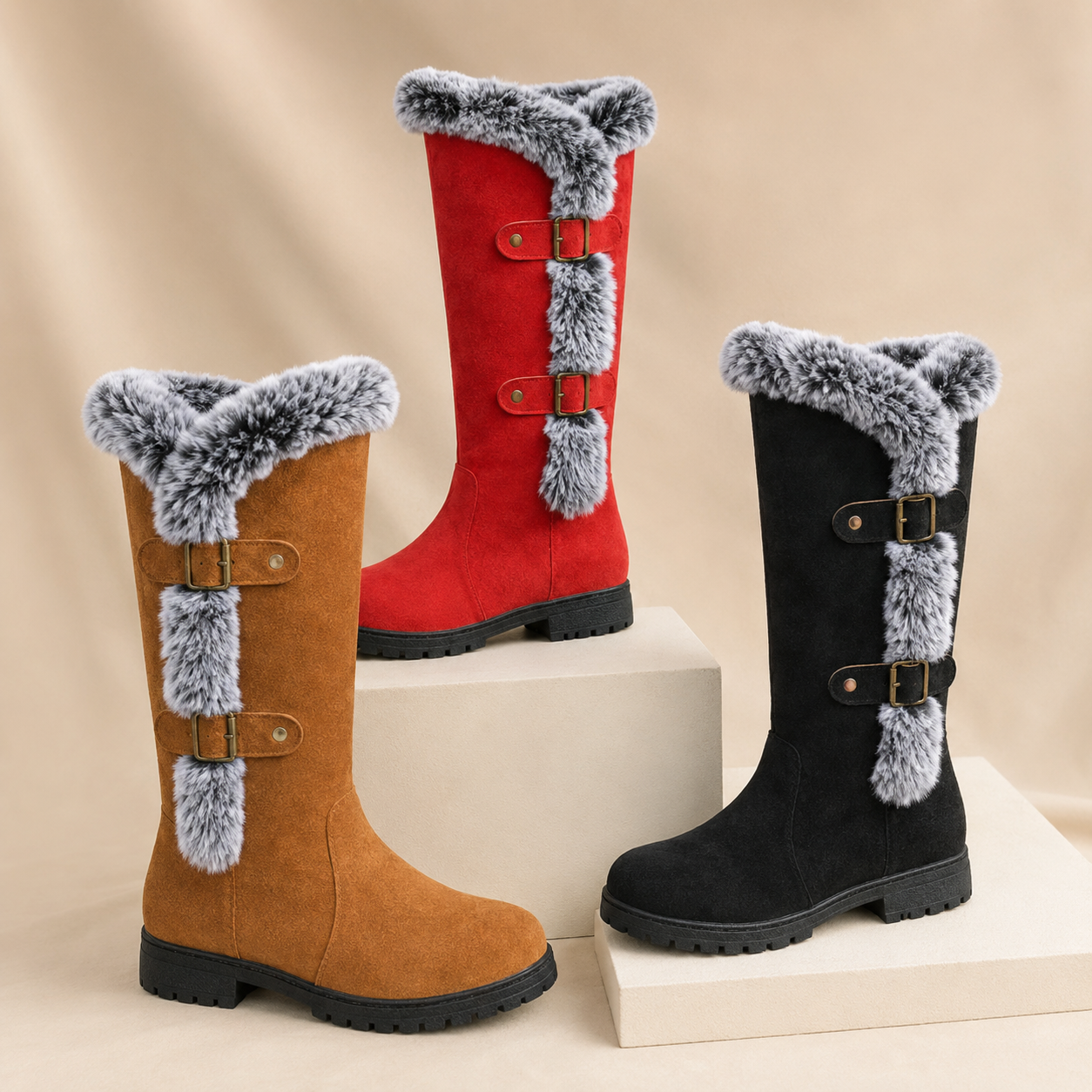 Genevieve | Faux Suede Plush-Lined Knee High Boots with Buckle Detail