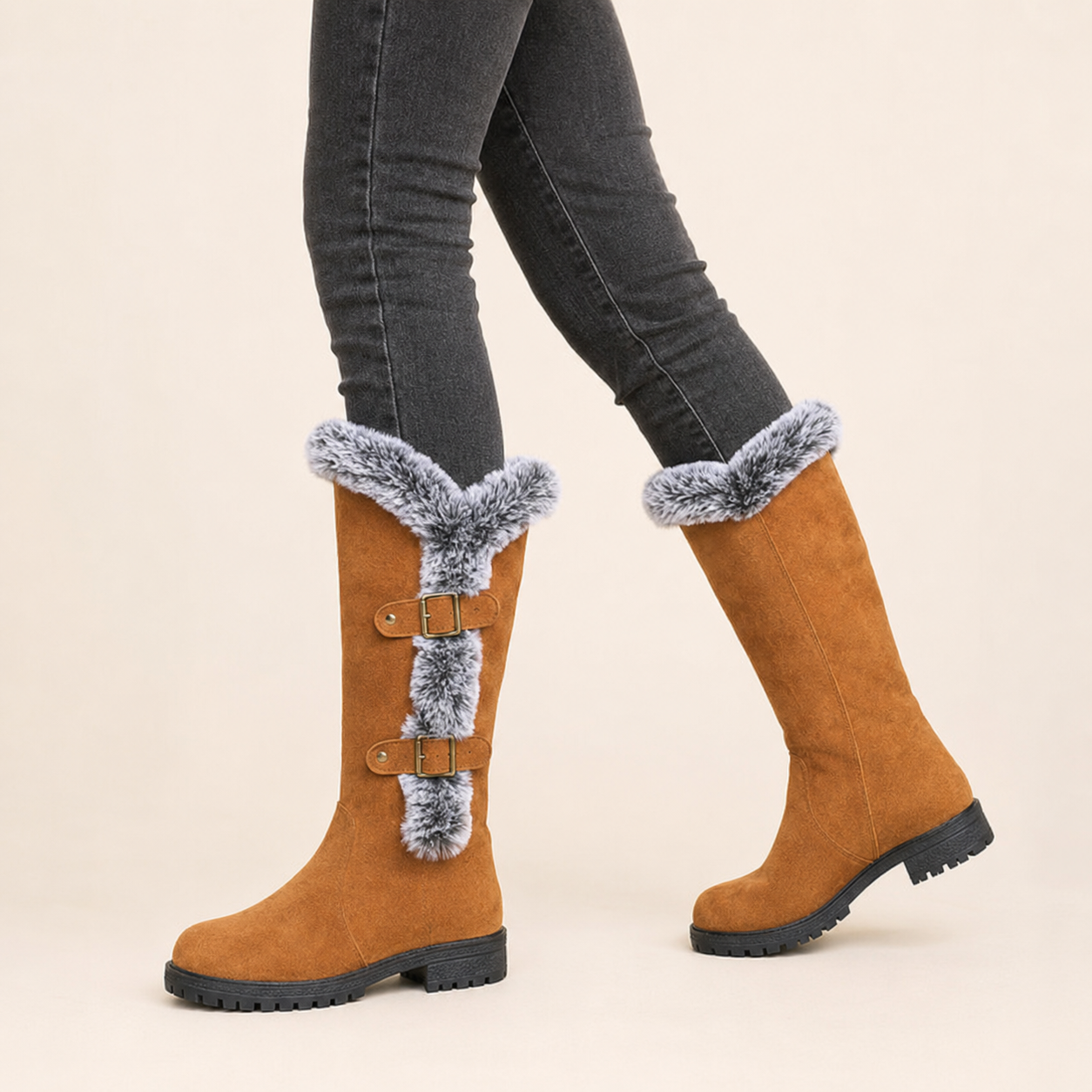 Genevieve | Faux Suede Plush-Lined Knee High Boots with Buckle Detail