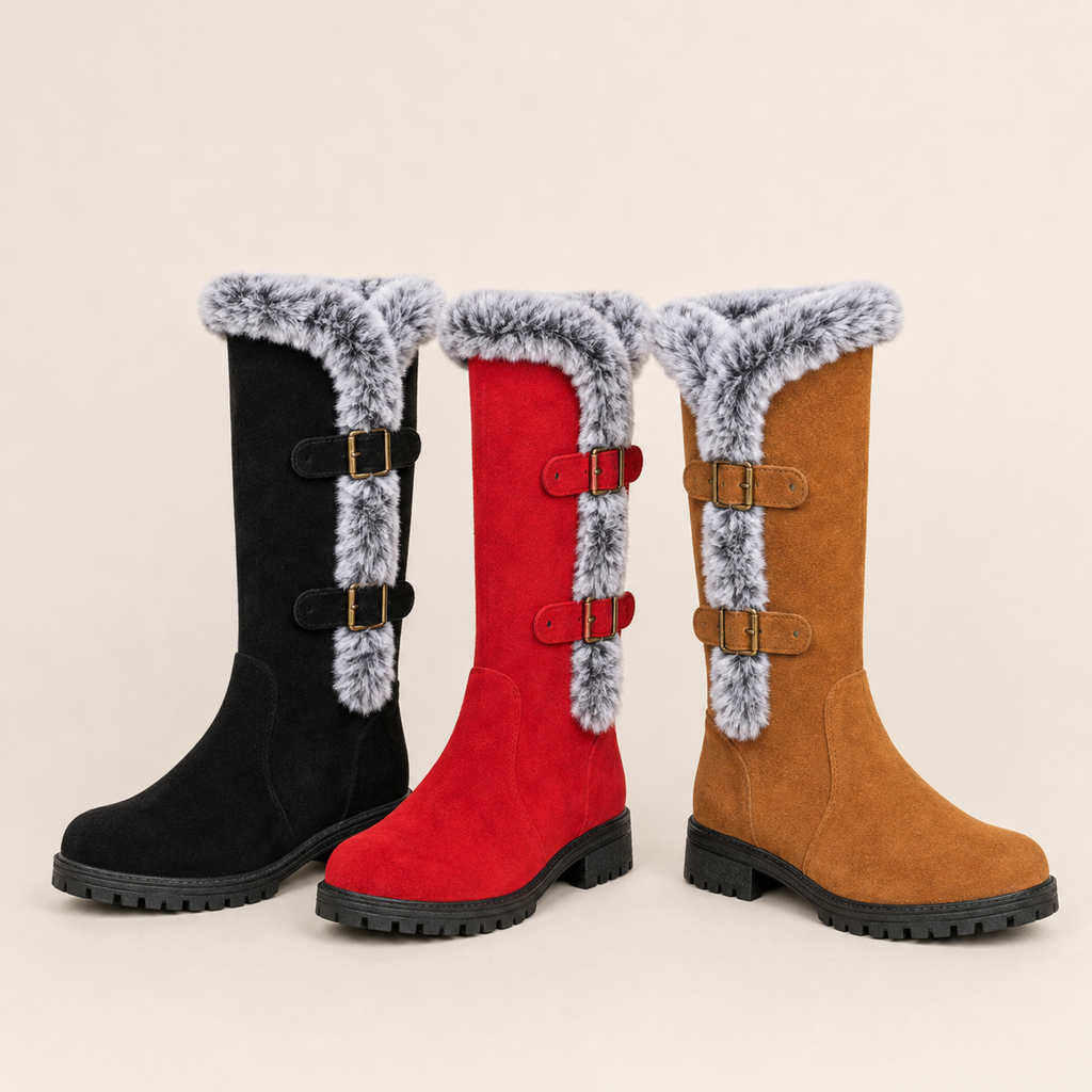 Genevieve | Faux Suede Plush-Lined Knee High Boots with Buckle Detail