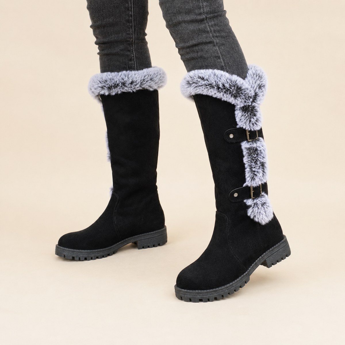 Genevieve | Faux Suede Plush-Lined Knee High Boots with Buckle Detail