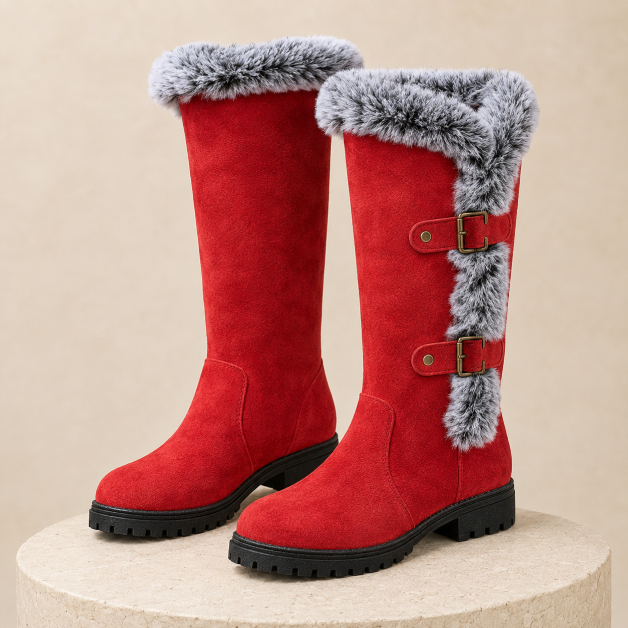 Genevieve | Faux Suede Plush-Lined Knee High Boots with Buckle Detail
