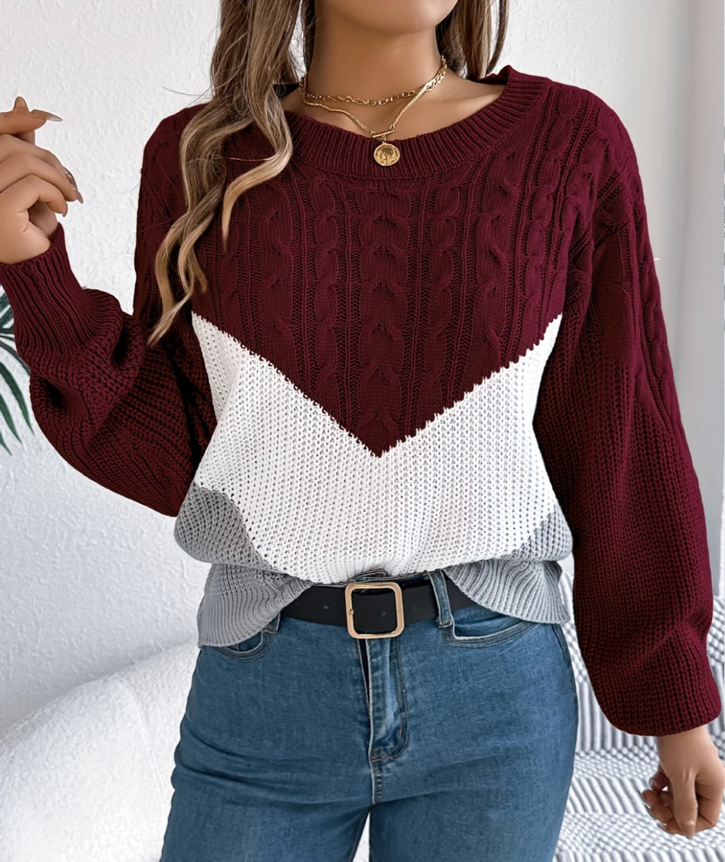 Annika | Women's Cable Knit Jumper – Colour Block Jumper