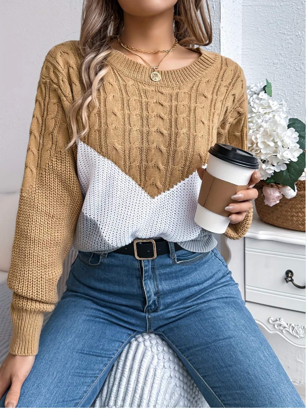Annika | Women's Cable Knit Jumper – Colour Block Jumper
