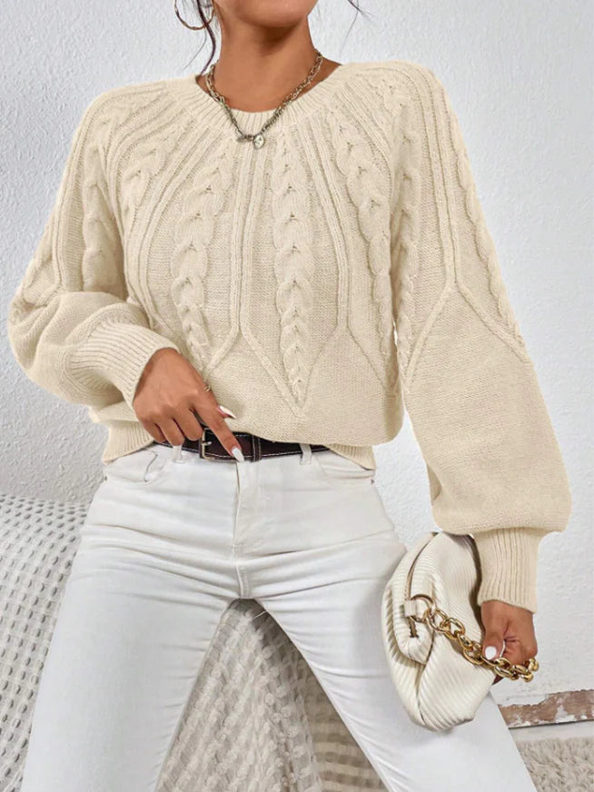 Wilhelmina – Women's Khaki Wide-Sleeve Cable Knit Jumper